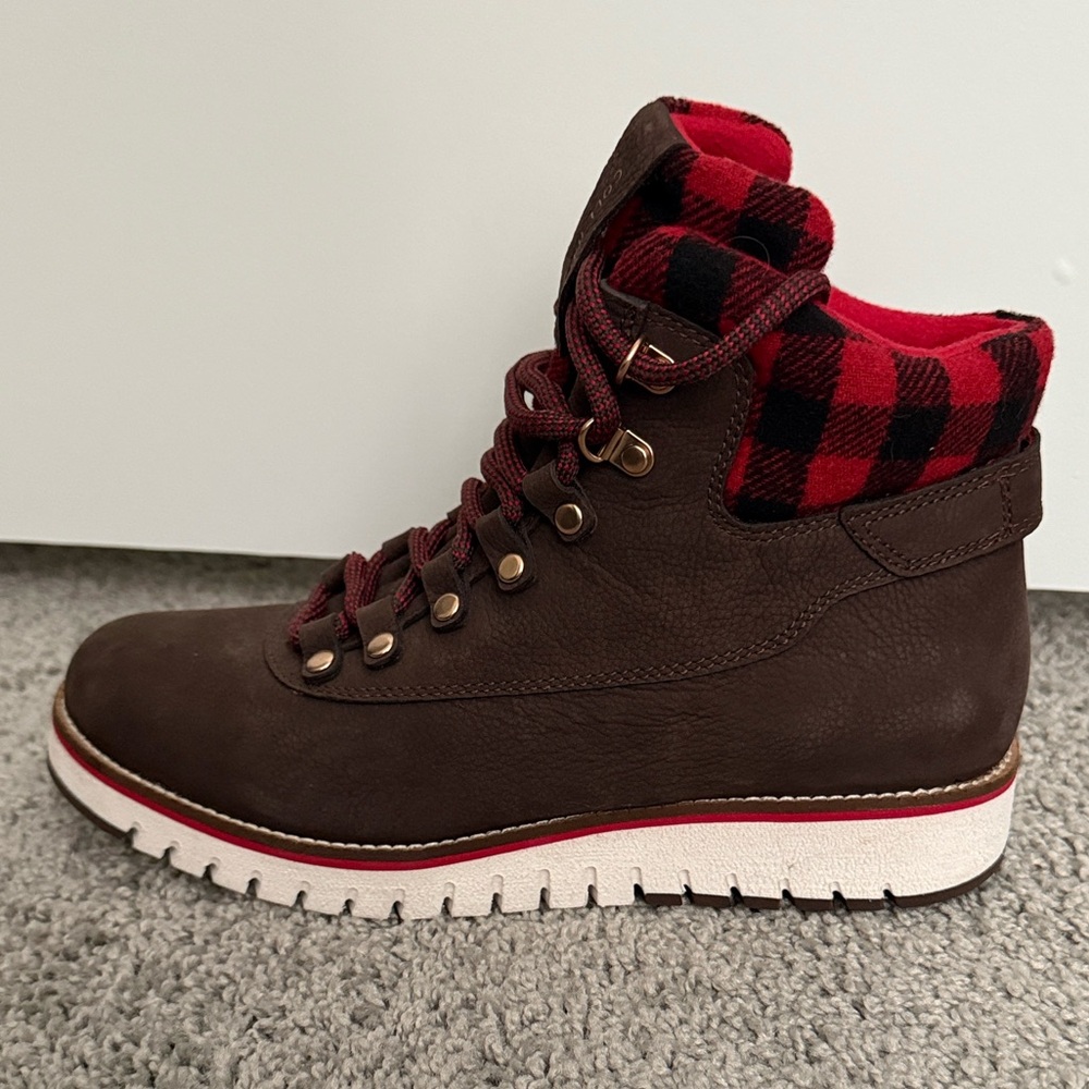 Cole Haan women’s Grand Explore Brown Suede boots with wool buffalo plaid